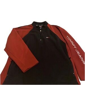 Vintage 90s Tommy Hilfiger Jeans Pullover Mens 2XL Blue Fleece 1/4 Zip Spell Out